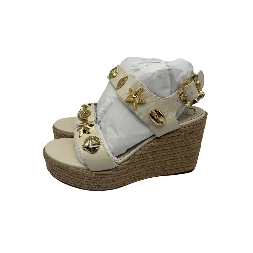 Larroudé Madison Hi Ivory Leather Seashell Wedge Espadrille Sandals Women's Sz 6